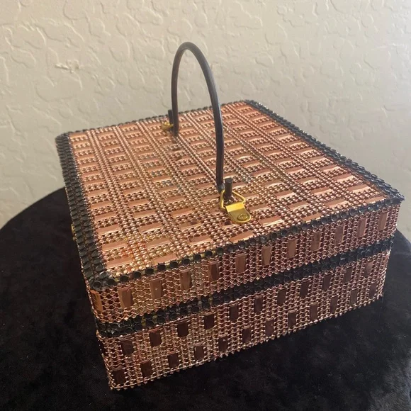 Rose Gold and Black Dress Box Purse with Black Handle, Mirror Inside - Picture 3 of 15